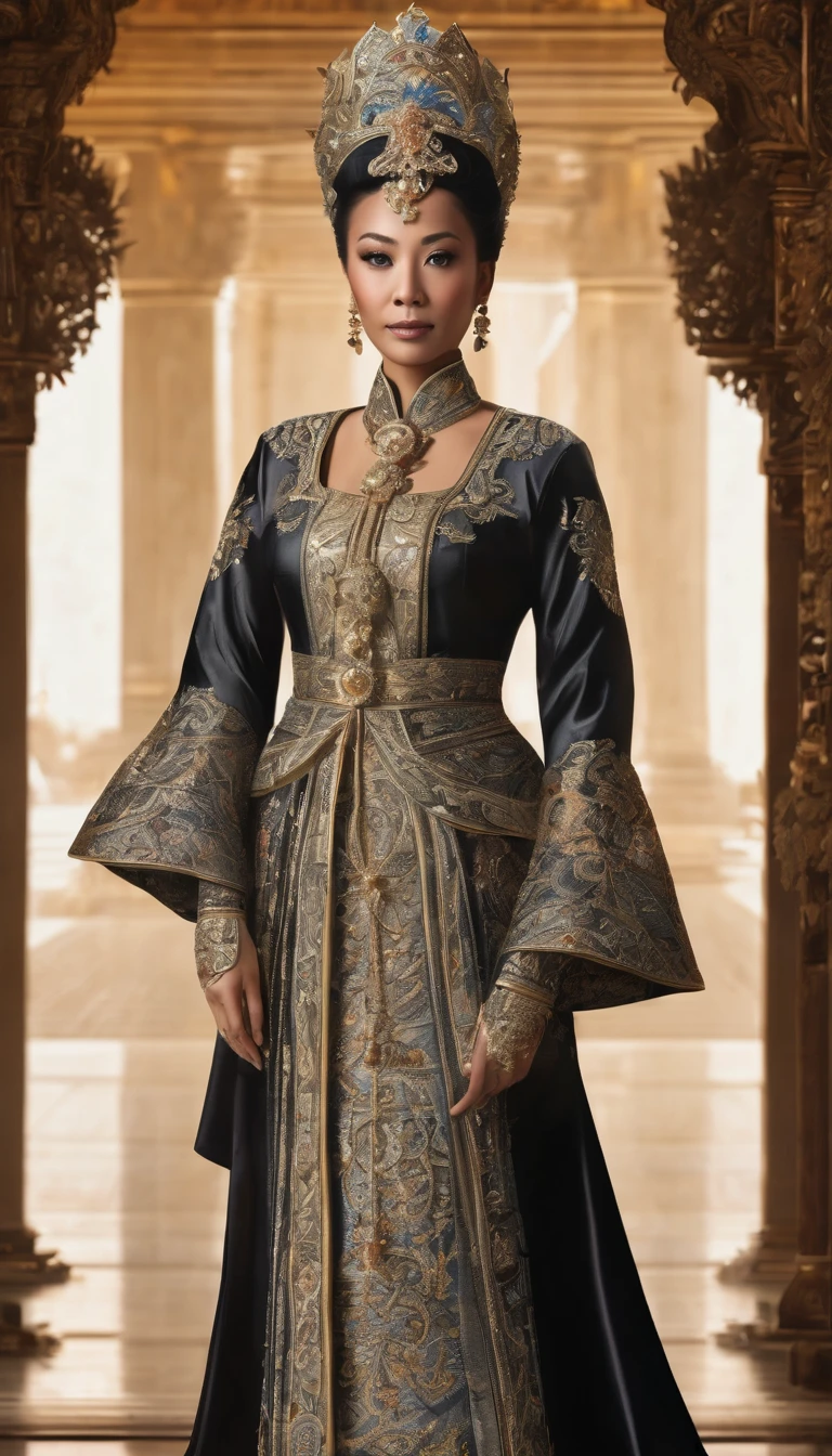 high detail, best quality, 8k, [very detailed], masterpiece, best quality, (very detailed), ultra wide shot, photorealistic, image of a Javanese empress wearing a Javanese royal gown (intricate detail, Masterpiece, best quality: 1.5 ), holding a scepter (intricate detail, Masterpiece, best quality: 1.5), wearing a crown with 12 stars (intricate detail, Masterpiece, best quality: 1.5), standing in front of the palace facing the enemy (intricate detail, Masterpiece, best quality: 1.5), black hair, long hair, flowing hair, sharp eyes, dynamic light, from the front, [[12 stars in the background]], best quality, high resolution, ultra wide angle