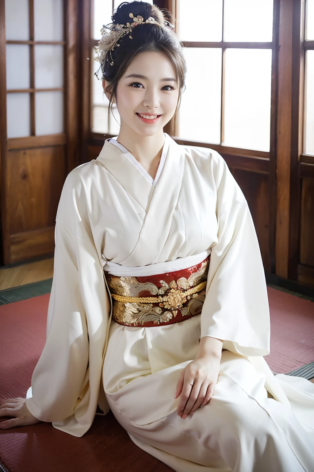 Upper class wife sitting on the floor in kimono, Elegant Japan Woman, With a captivating smile, (38 years), Japanese Goddess, (Keep your hair up and short)、Lovely lady, Graceful smile pose, Beautiful Japan woman sitting, RAW Photos, (In 8K、Highest quality、masterpiece:1.2)、(Intricate details:1.4)、Octane Rendering、Complex 3D rendering with ultra-detail, Vivid details, Super Detail, Realistic skin texture, Detailed aspect, Beautiful details in the eyes, Makeup, (Detailed Background:1.2), Shiny skin、Laughter、