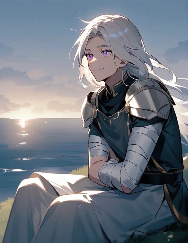 Greek boy with shoulder-length long white hair, violet eyes, one arm covered in bandages, silver shoulder pads and walking in a grass field