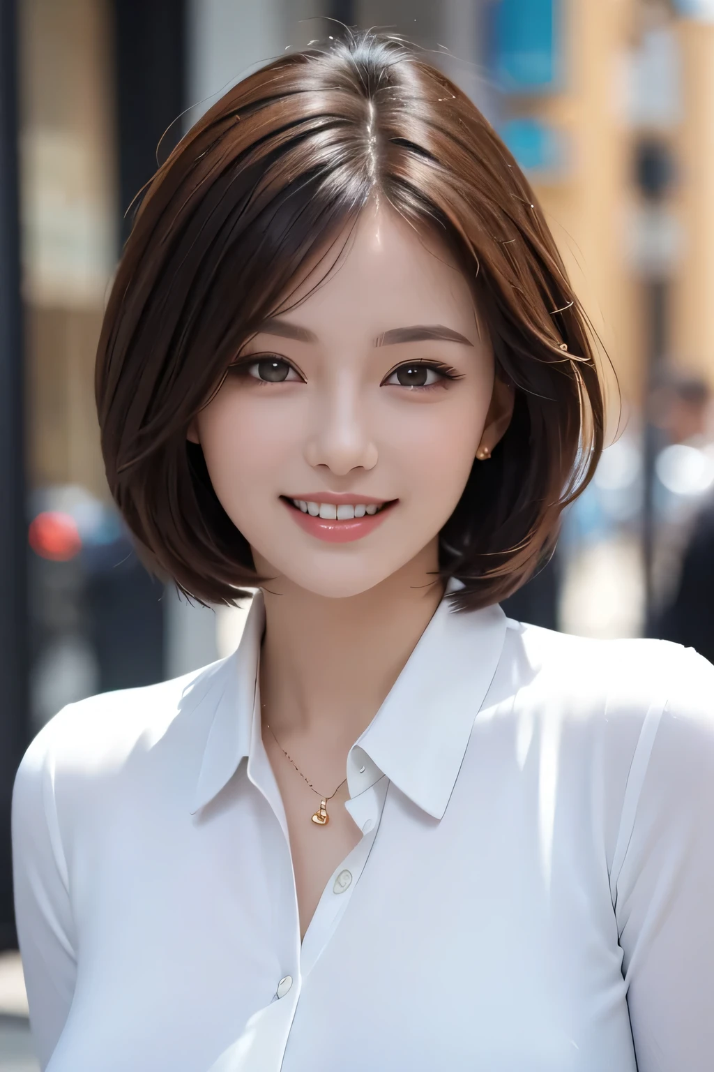 ((masterpiece)), ((Highest quality)), ((Complex)), ((Surreal)), (Realistic), (Mature Woman), ((No classes)), Very detailed, (1 female), Beautiful and exquisite, (Beautiful Teeth), Grin, Brunette Bob Hair, Brown eyes, ((blouse)), (Upper Body), (background:none), Perfect Eyes, Captivating eyes, Looking at the audience