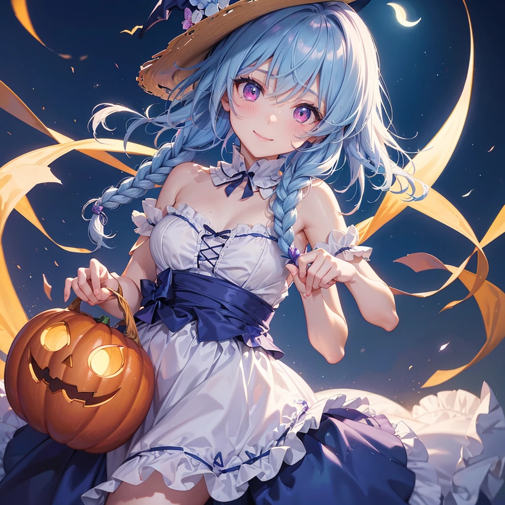 (Light blue medium hair),(Braided hair tied together)、Pink eyes、Fair skin、cowboy shot、Halloween、The background is a pumpkin ghost、Crescent Moon、Trick or Treat、A lot of sweets、witch、Halloween night、Candy、Cosplay、A surprising smile、solo、(masterpiece、Highest quality、Very detailed、Best Shadow)、(Detailed Background)、(Beautifully detailed face)、High contrast、(Best lighting、Very delicate and beautiful)、(Cinematic Light)、colorful、Hyper Detail、Dramatic Light、Exquisite detail、
