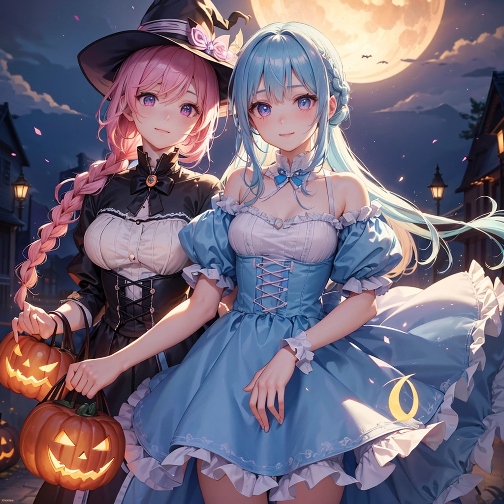 (Light blue medium hair),(Braided hair tied together)、Pink eyes、Fair skin、cowboy shot、Halloween、The background is a pumpkin ghost、Crescent Moon、Trick or Treat、A lot of sweets、witch、Halloween night、Candy、Cosplay、A surprising smile、solo、(masterpiece、Highest quality、Very detailed、Best Shadow)、(Detailed Background)、(Beautifully detailed face)、High contrast、(Best lighting、Very delicate and beautiful)、(Cinematic Light)、colorful、Hyper Detail、Dramatic Light、Exquisite detail、