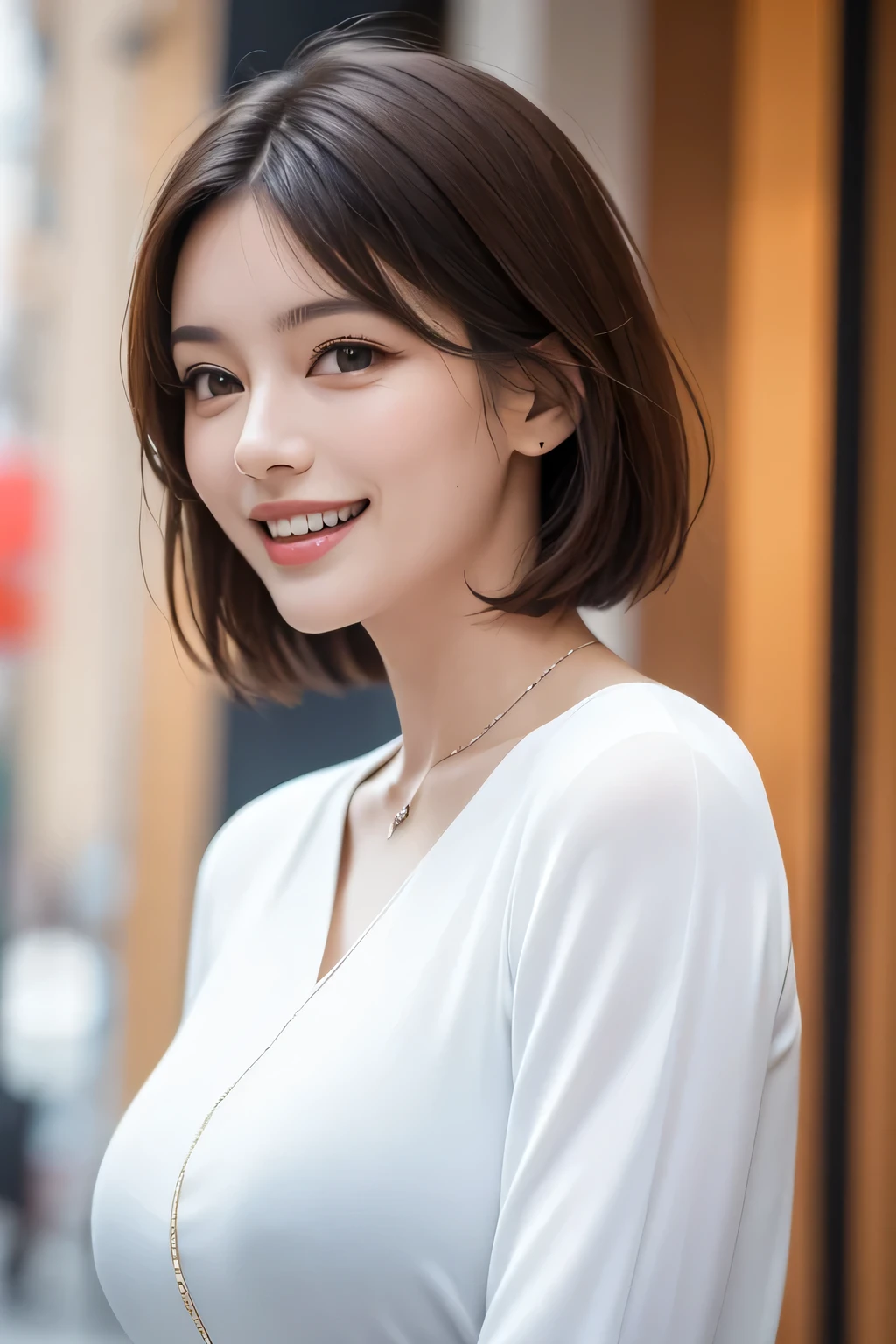 ((masterpiece)), ((Highest quality)), ((Complex)), ((Surreal)), (Realistic), (Mature Woman), ((No classes)), Very detailed, (1 female), Beautiful and exquisite, (Beautiful Teeth), Grin, Brunette Bob Hair, Brown eyes, ((blouse)), (Upper Body), (background:none), Perfect Eyes, Captivating eyes, Looking at the audience