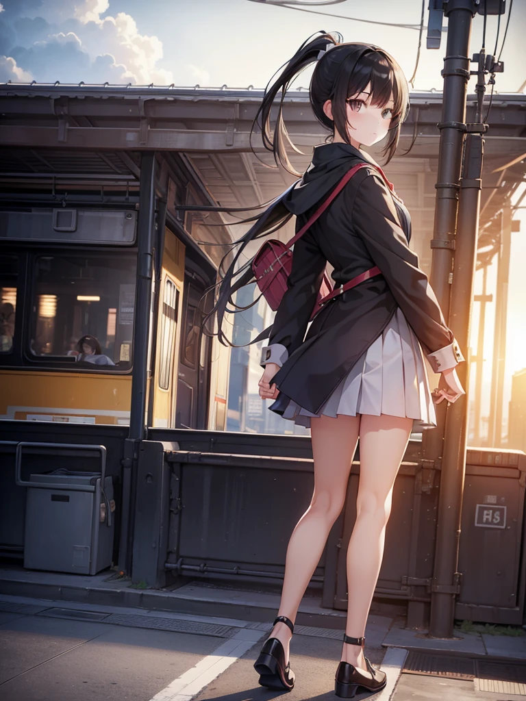 masutepiece, Best Quality, High resolution, Extremely detailed, Detailed background, Cinematic lighting, 1girl in, Looking at Viewer, midium skirt, Pleated skirt, Standing, Full body,  Sunlight, Waiting train, train station, Stand on the platform , City Girl,ponytail