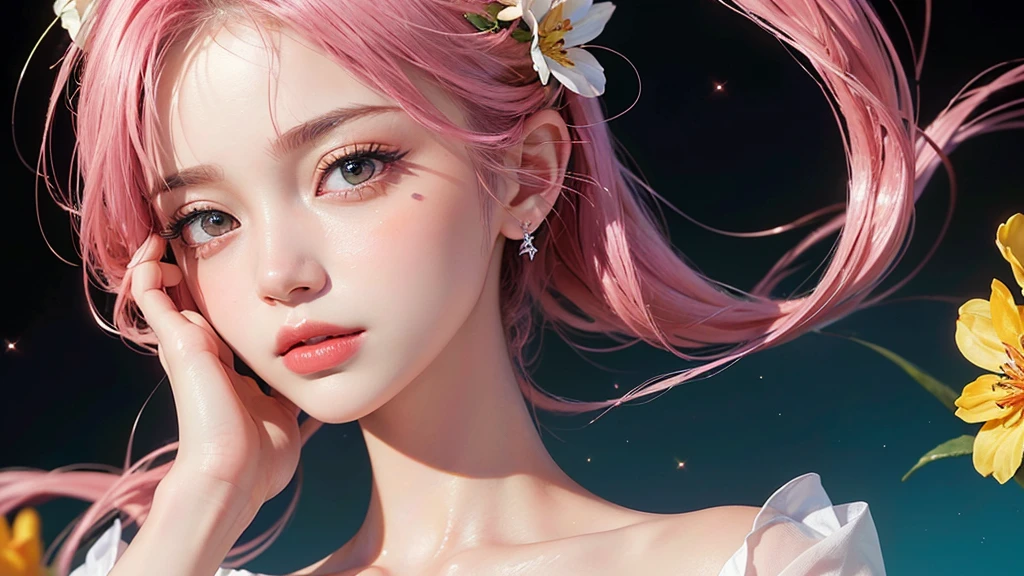 One girl, alone, flower畑, flower, (Official Art, unity 8k wallpaper, Super detailed, beautifully、aesthetic, masterpiece ,Highest quality:1.3), (Dynamic Angle:1.2), (Floating colorful sparkles:1) , elegant, Vibrant colors, Highly detailed face, Detailed eyes, Glowing Skin, Glossy Lips , Pale pink and pale orange background, Pink Hair,