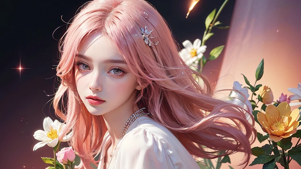 One girl, alone, flower畑, flower, (Official Art, unity 8k wallpaper, Super detailed, beautifully、aesthetic, masterpiece ,Highest quality:1.3), (Dynamic Angle:1.2), (Floating colorful sparkles:1) , elegant, Vibrant colors, Highly detailed face, Detailed eyes, Glowing Skin, Glossy Lips , Pale pink and pale orange background, Pink Hair,