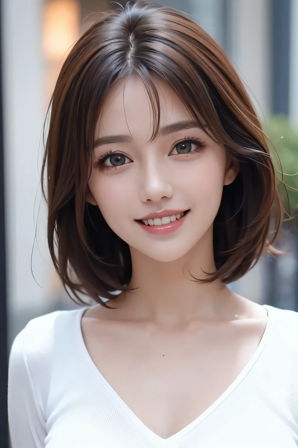 ((masterpiece)), ((Highest quality)), ((Complex)), ((Surreal)), (Realistic), (Mature Woman), ((No classes)), Very detailed, (1 female), Beautiful and exquisite, (Beautiful Teeth), Grin, Brunette Bob Hair, Brown eyes, ((blouse)), (Upper Body), (background:none), Perfect Eyes, Captivating eyes, Looking at the audience