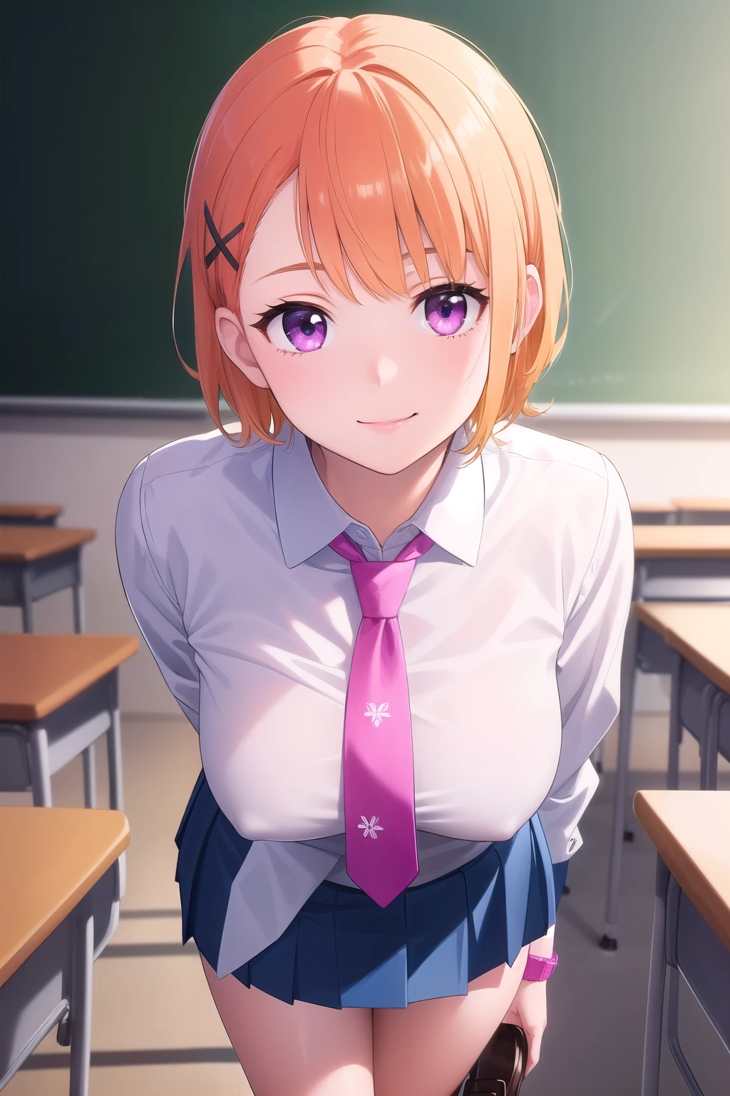 ((masterpiece)),(Highest quality),Official Art,Highly detailed CG,unity 8k wallpaper,Super detailed,Beautiful attention to detail,Highly detailed face, One girl, (Portraiture:1.5),View your viewers,In-person audience,smile,(yurikawa hana), (short hair: 1.2), Orange Hair,x Hair accessories,Asymmetrical bangs,Purple eyes,,Sleeves are longer than the wrist,Collared shirt,White shirt,Long sleeve,Rolled up my sleeves,Blue tie,Large Breasts, (mini skirt: 1.3), Blue Skirt, Pleated skirt, (Black high socks), loafers,( Realistic White and pink lace pantie), (leaning forward), full body, back shot, classroom