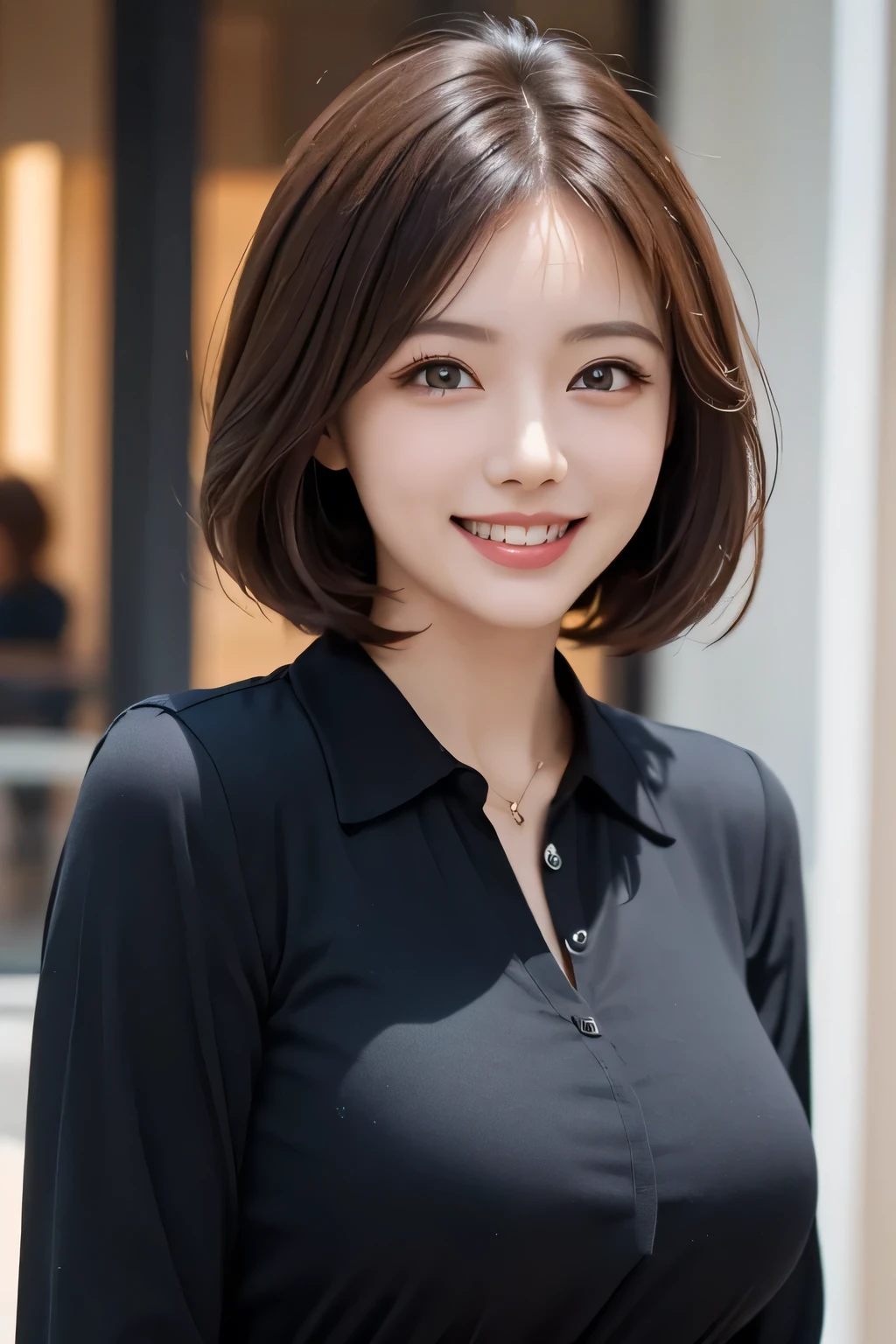 ((masterpiece)), ((Highest quality)), ((Complex)), ((Surreal)), (Realistic), (Mature Woman), ((No classes)), Very detailed, (1 female), Beautiful and exquisite, (Beautiful Teeth), Grin, Brunette Bob Hair, Brown eyes, ((blouse)), (Upper Body), (background:none), Perfect Eyes, Captivating eyes, Looking at the audience