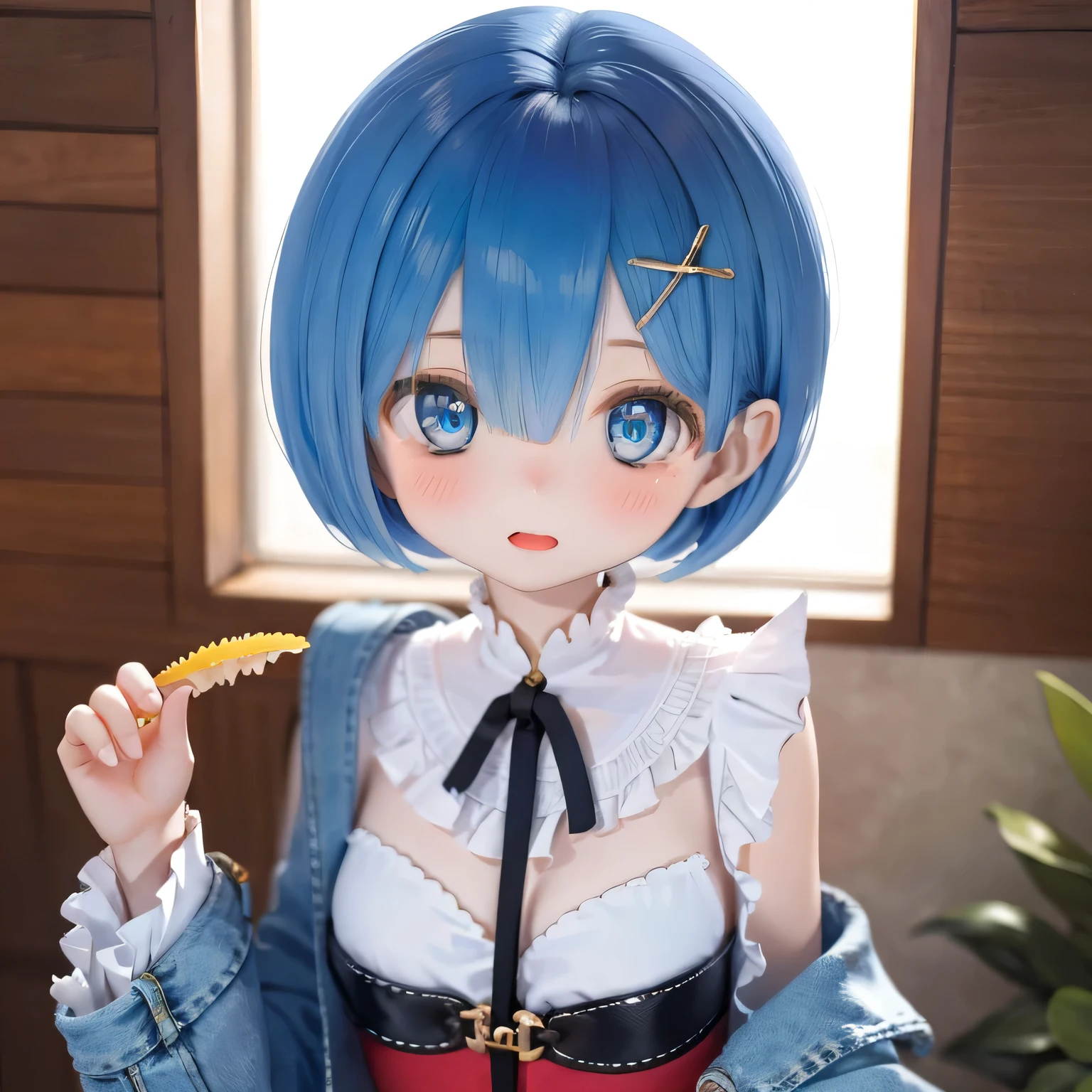 A 20-year-old woman named Rem,  Big Style, Has beautiful and delicate eyes, lips, And the face. Artwork must be of the highest quality, Sharp focus and ultra-detailed rendering. The color palette should be vibrant and vivid.  The medium must be illustration or digital painting. For more information, look、bikini And with a look of joy.セクシーなポーズ Blue Hair かわいいポーズ (((short hair)))、Blue Hair、Butt、(((Swimwear))) 