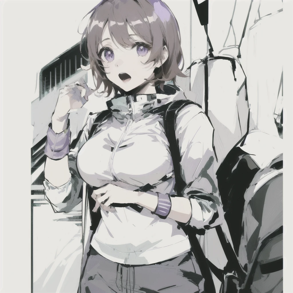 anime girl with a backpack and a backpack on her shoulder, female protagonist, female protagonist, Brown hair, short hair, Purple jacket, white shirt, long light purple pants