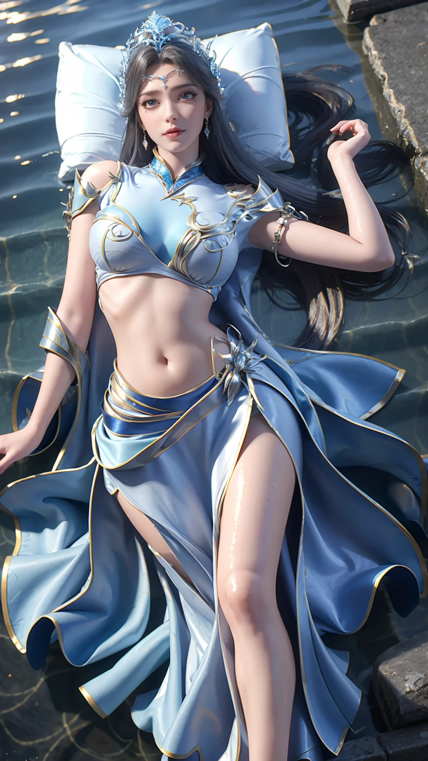 A girl in a dress lies on the bed under the Starry Sky，Exquisite smile，Beautiful and delicate eyes，Beautiful and delicate lips，Extremely detailed face and eyes，Long eyelashes，Full body，Flowing hair，belly on，best quality，excellent work，Super，(Reality:1.4)，RAW photos，(Beautiful face:1.2)，(Lying on the water:1.5)，1 girl，(absurdes)，(8k)， (4K)，Octane Rendering，Starry Sky，((Full body view))，Wearing sexykini，Cross-legged