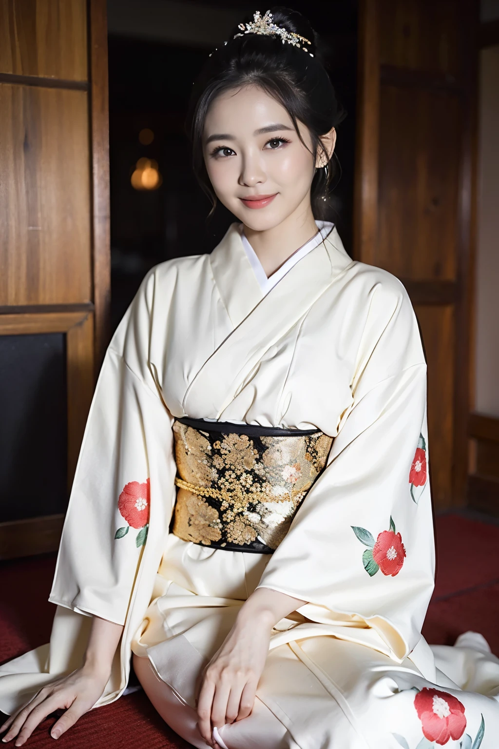 Upper class wife sitting on the floor in kimono, Elegant Japan Woman, With a captivating smile, (38 years), Japanese Goddess, (Keep your hair up and short)、Lovely lady, Graceful smile pose, Beautiful Japan woman sitting, RAW Photos, (In 8K、Highest quality、masterpiece:1.2)、(Intricate details:1.4)、Octane Rendering、Complex 3D rendering with ultra-detail, Vivid details, Super Detail, Realistic skin texture, Detailed aspect, Beautiful details in the eyes, Makeup, (Detailed Background:1.2), Shiny skin、Laughter、