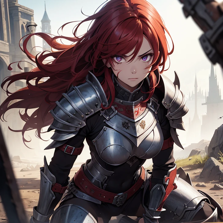 (absurdres, high fantasy artwork, best high quality image, carefuly detailed, very detailed features and textures, hyborian aesthetic)
{{1character: 25 years old red haired barbarian girl, (scarlet red short hair, purple eyes with black pupils, face with blood, very thin lips with blood, white skin with blood, wearing full armor dirt with blood, relaxed expression, relaxed kneeling on the ground), (full bulky knight armor with blood, full bulky shoulder plates with blood, full armored bulky-breast-plate-armor-no revealing-skin dirt with blood, full gauntlets plates, full elbow plates, full plate boots), (her weapon: broad sword on her back), (celtic city battle scene in fire)}}