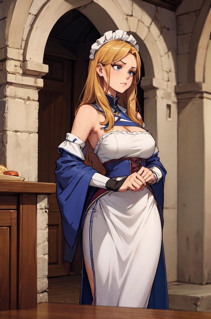 high angle shot, POV, an attractive female servant is cleaning in a medieval castle, slim, fit, humble clothing