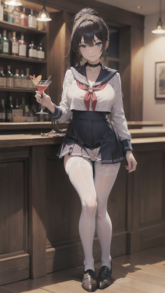 ((Correct Anatomy)),((Bar counter)),((Holding a cocktail glass)),((((Sailor suit)))),((Beautiful feet)),((White lace panties)),((A shy smile)),((mini skirt)),((Black Pantyhose)),((black tights)),((high school girl)),Ultra-high resolution,Mature Woman, Mature Woman, Very detailed,Extremely fine skin,Beautiful Skin,((Sweating all over the body)),(Big Breasts),((Beautiful legs)),Perfect hands, Detailed fingers, Beautiful details, ((Long Hair)),((ponytail)),Black choker, Earrings,loafers,Luxury,Perfect Eyes, Captivating eyes