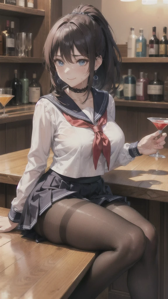 ((Correct Anatomy)),((Bar counter)),((Holding a cocktail glass)),((((Sailor suit)))),((Beautiful feet)),((White lace panties)),((A shy smile)),((mini skirt)),((Black Pantyhose)),((black tights)),((high school girl)),Ultra-high resolution,Mature Woman, Mature Woman, Very detailed,Extremely fine skin,Beautiful Skin,((Sweating all over the body)),(Big Breasts),((Beautiful legs)),Perfect hands, Detailed fingers, Beautiful details, ((Long Hair)),((ponytail)),Black choker, Earrings,loafers,Luxury,Perfect Eyes, Captivating eyes