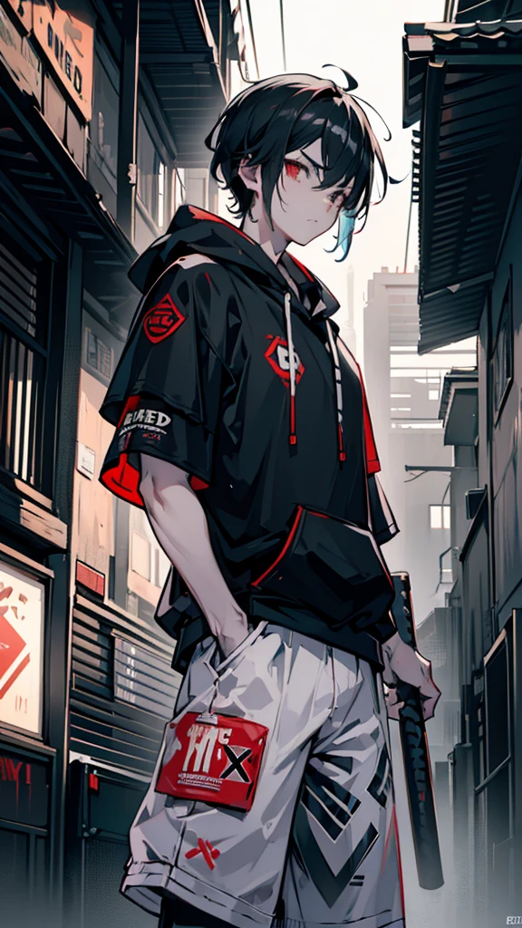Holding a baseball bat, Alley, Condescending Gaze, builtupnecklinehoodie, look down, Glare, baseball bat, swing a baseball bat, cinematic lighting, UHD, best quality, highres, 8k