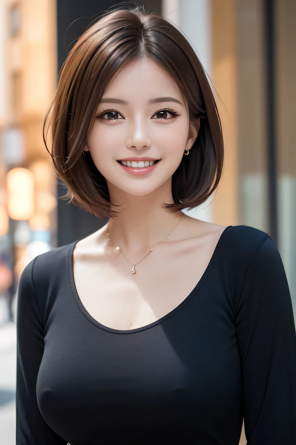 ((masterpiece)), ((Highest quality)), ((Complex)), ((Surreal)), (Realistic), (Mature Woman), ((No classes)), Very detailed, (1 female), Beautiful and exquisite, (Beautiful Teeth), Grin, Brunette Bob Hair, Brown eyes, ((blouse)), (Upper Body), (background:none), Perfect Eyes, Captivating eyes, Looking at the audience