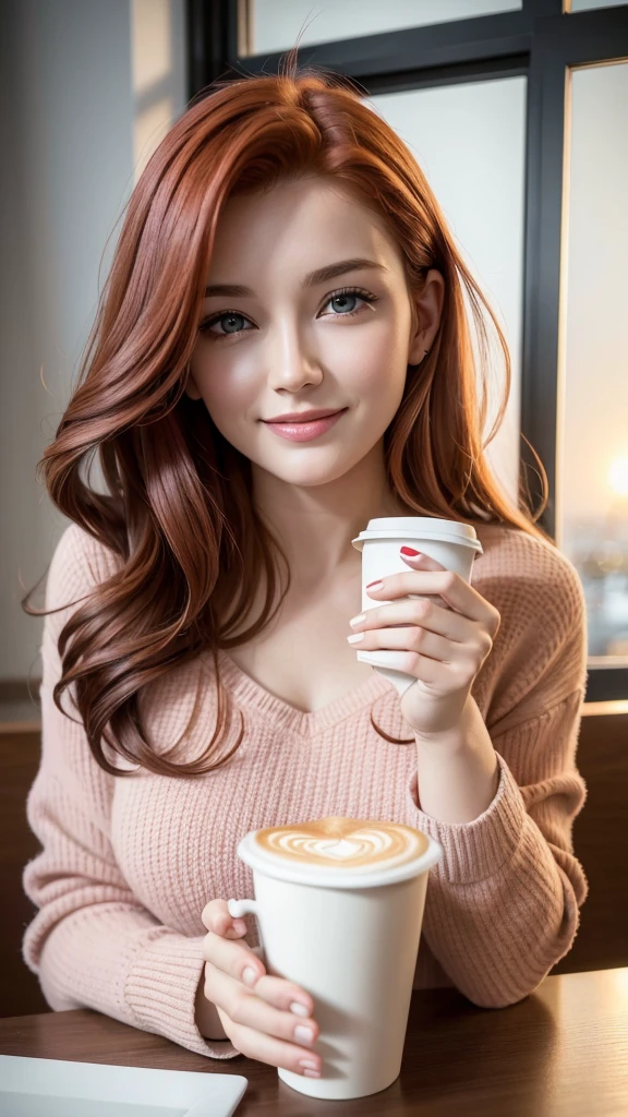 beautiful redhead wearing a pink sweater (drinking coffee in a modern cafe at sunset), very detailled, 21 years old, inoccent face, natural wavy hair, blue eye, high resolution,work of art, best qualityer, details Intricate, very detailled, sharpening, skin detailed, realisitic skin texture, texture, detailedeyes, proffesional, 4K, charming smile, shot with Canon, 85mm, Shallow depth of field, Cores Kodak Vision, perfectly fitted body, extremely detaild, photoshot_\(ultra\), photorealisitic, realisitic, after treatment, Maximum details, roughness, real-life, ultra realisitic, photoshotrrealismo, A photoshotgrafiae, 8k uh, A photoshotgrafia