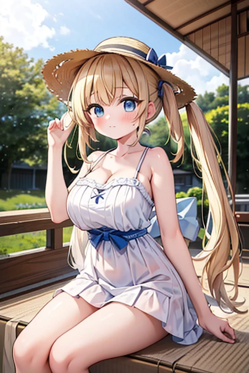 Highest quality,masterpiece,8k,Anime Style,Blonde with blue eyes、camisole、race,White camisole dress mini skirt,Cleavage,Side view,Large Breasts、Twin tails、Cute eyes,Sun hat(Sun hat),Japanese Festivals,Stall,evening,Smooth thighs,Accentuate your breasts,