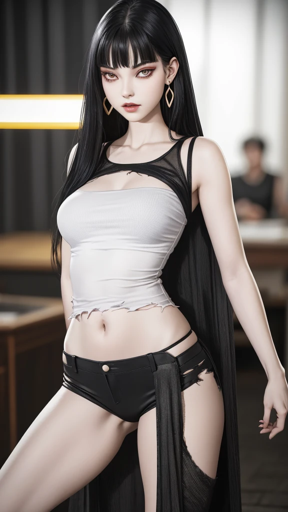 Ultra realistic, real girl, 16K, best quality, High resolution, hot atmosphere, dream atmosphere, 1 girl, tall, 18 years old, Long messy black hair, cute bangs over the forehead, evil eyes, sexy eyes look, skin being illuminated, realistic shading, pale-white skin, light-grey skin, Realistic textures, wearing alternative black outfit, earrings, fit slim tall body, big natural breasts, realistic slim hot body, tall and hot girl, seductive, sensual posture, big hips, thick legs, torn clothes, multiple sexy positions in different types of angles, blurred background, Depth, dream aesthetic, Atmosphere of dream, cinematic lighting. 