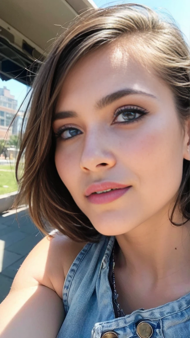 (born, analog, Nikon Z 14mm Ultra Wide Angle Lens, 受賞歴のある魅力的なphotograph, ((Highest quality)), ((masterpiece)), ((Realistic)), Skin pores, Scattered beneath the surface, Radiation, High resolution, Detailed facial features, Attention to detail, Sharp focus, Smooth, beautiful, Very detailed, (Very detailed eyes, Very detailed iris), Very detailed hair, Very detailed skin, Very detailed clothes, Octane Rendering, photoRealistic, Realistic, Post-processing, maximum detail, Realistic shadows, Roughness, Natural skin texture, 実born活, ultra-Realistic, Photorealism, photograph, 8k UHD, photograph, High resolution, Complex, elegant, Very detailed, Sharp focus, amazing, beautiful, nice), (masterpiece:1.2, Highest quality1:1, Very detailed:1.2, Best Shadow, 8k:1.1), (Huge city:1.3, rooftop:1.1, The urban structure below, handrail), (Contrasting Background, Light background), (beautiful detailed face), High Contrast, (Perfect lighting:1.2, beautiful color, Delicate colors), ((Cinematic Light)), colorful, Hyper Detail, Dramatic Light, Complex details, (1 girl, alone, Brown Hair, smile, short hair, Wavy Hair:1.1, blue eyes, Dynamic Angle, White tank top, jeans, Cowboy Shot, Put your arms down), Depth of written boundary