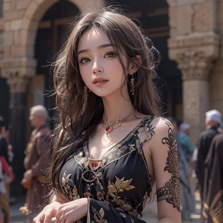 Hiding in the desert、Hair Flow、 ((Highest quality、masterpiece、8k、Best image quality、Ultra-high resolution、Award-winning works)、(Accurate anatomy:1.1)、(Look at me and smile:1.1)、Shining fair skin with Ultra-high resolution、The most detailed face、Ultra-high resolution detailed face、Ultra-high resolutionの髪の毛、(Ultra-high resolutionの煌めく瞳:1.1)、Beautiful face drawn in every detail、(Blurred Background:1.1)、Ancient Islamic clothing, Chest to chest, tattoo, Old ruins in the background、Black Authentic Dress Up Elegant Underarm