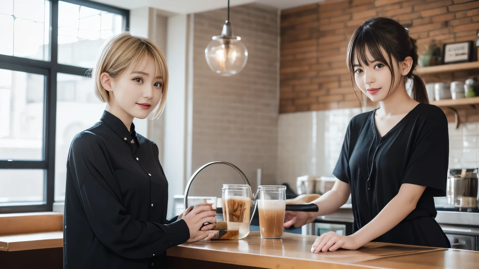 super high quality, Slenderのネックレス, Slender, Gravure photoshoot, The staff is working at the counter in the back., (8k、RAW Photos、Highest quality、masterpiece:1.2), Stylish café, (Realistic、Photorealistic:1.37), Beautiful Face , Urban Cafe, Golden Ratio, Raw photo, Small breasts, Bright cafe interior, Blurred Background, Famous actress, Blonde hair, Summer clothes, Photographed inside the cafe, Neat clothes, ponytail, Very Short Hair, Cool older sister, Stylish clothes,