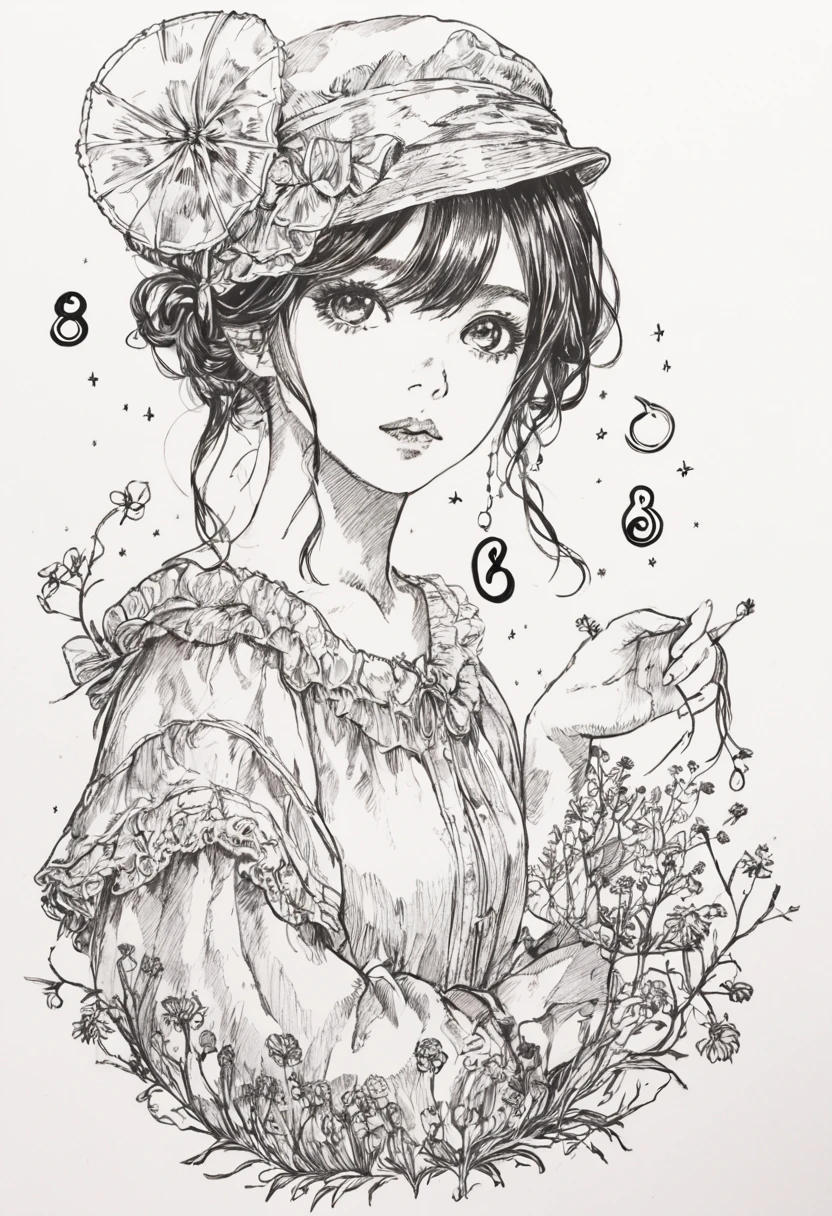 punctuation_9, punctuation_8_High above, punctuation_7_High above, punctuation_6_High above, outline, sp1t, monochrome, Hyper-detailed hatching, monochrome,best qualityer, high resolution, clean background, hight contrast, 1 girl, monochrome, hyper-detailed hatch shading, High abovepert body outline
