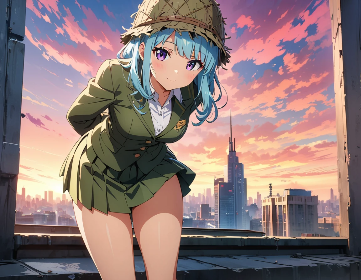 (anime artwork, anime style, studio anime, very detailed, up to date, vibrant, Anime Coloring, high contrast, masterpiece:1.2, best quality, best aesthetics),ghillie suit,ghillie helmet, pleated skirt, Medium chest, A glimpse of thighs,random hair, One eye is hidden by the bangs, perfect proportions, high detail skin, Cute, detailed faces,city,war, precise fingers,panty shot ,Hide in Obstruction,roll over