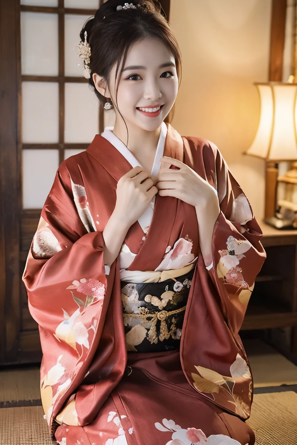 Upper class wife sitting on the floor in kimono, Elegant Japan Woman, With a captivating smile, (38 years), Japanese Goddess, (Keep your hair up and short)、Lovely lady, Graceful smile pose, Beautiful Japan woman sitting, RAW Photos, (In 8K、Highest quality、masterpiece:1.2)、(Intricate details:1.4)、Octane Rendering、Complex 3D rendering with ultra-detail, Vivid details, Super Detail, Realistic skin texture, Detailed aspect, Beautiful details in the eyes, Makeup, (Detailed Background:1.2), Shiny skin、Laughter、