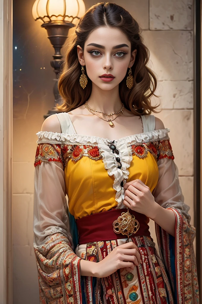 (MESTRA CIGANA SULAMITA) super-realista, Standing showing all her realistic 8K red/yellon lace dress floating in space , cabelos negros, pele, dourada, corpo full body perfect , Detailed Hands with Ruby Ring, 40 anos, Mystery front image ::8, (((saia longa de cigana rodada detalhes rendados de cor vermelha e amarela ))), Intricate yellon Makeup Patterns ::7, body ::6, Aura Encantada, magia brilhante ::5, On your card table, Bubbling Potion ::4, Magic ingredients, spellbooks ::3, gesto de spellcasting ::2, mistic ambient, supernatural presence ::1. Smoke and atmosphere: , poderes naturais, como frutos, folhas, cristais, She has long, dark curly hair with million rose red and yellon tucked into it. Her makeup emphasizes her eyes, and she's wearing large, dangling earrings and multiple necklaces with colorful beads and pendants. The woman's clothing includes vibrant fabrics with patterns. The overall aesthetic is very bohemian and romantic, evoking a free-spirited, nomadic culture. The lighting in the image is warm, giving it a rich, rendas golden glow that enhances the romantic atmosphere.16K.