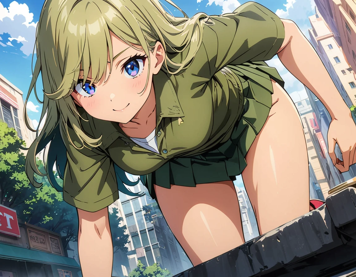 (anime artwork, anime style, studio anime, very detailed, up to date, vibrant, Anime Coloring, high contrast, masterpiece:1.2, best quality, best aesthetics),ghillie suit,ghillie helmet, pleated skirt, Medium chest, A glimpse of thighs,random hair, One eye is hidden by the bangs, perfect proportions, high detail skin, Cute, detailed faces,city,war, precise fingers,panty shot ,Hide in Obstruction,roll over