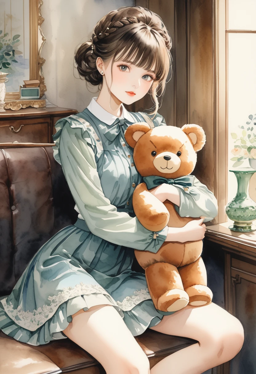 ((antique:1.5)),((hugging a teddy bear)),(Teddy bear),Beautiful and cute woman,1 Female,Solo,Sharp features,Sophisticated,((Watercolor:1.5)),whole body,超High resolution,((Attention to detail:1.5)),high quality,High resolution,最high quality,(vintage:1.4),(Cute pose:1.3),Dull color,So adorable,model like,Fluffy atmosphere,(Accurate body),((antiqueな服)),(Super Detail),Fashionable hairstyle,(Sitting),