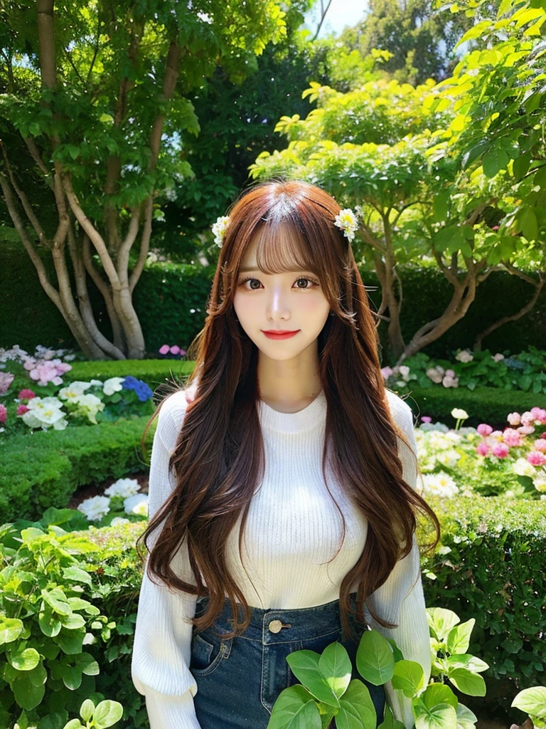 beautiful woman with long flowing hair in a vibrant garden