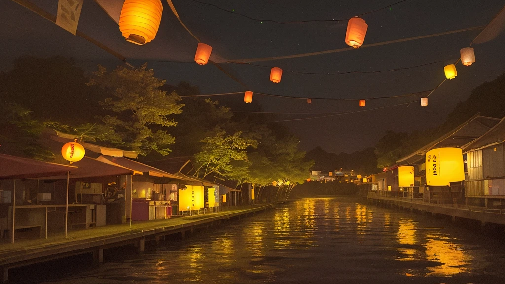 Local summer festival night、A fantastic light illuminates the surroundings、Ultra-high resolution、8k、16K、Japanese Summer Festivals、Return、A quiet and slightly lonely scene、A few remaining lanterns cast a warm light in the night sky.、Evokes the bittersweet feeling of a late summer night,A deserted area on the riverside hill