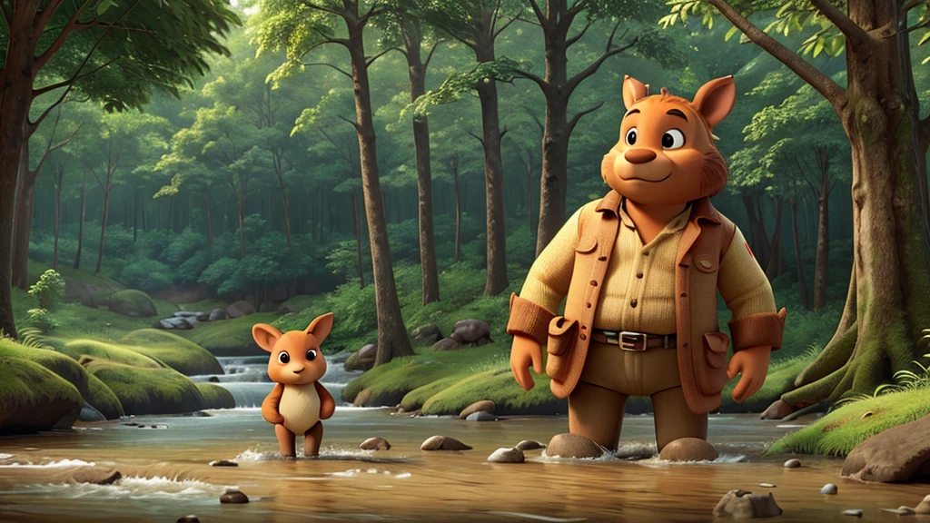 The picture shows a dense forest with large trees. In the middle of the forest, there is a river that flows clearly. Kancil is seen standing on the river bank with his ears raised, indicating that he is listening to something.