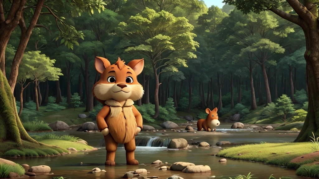 The picture shows a dense forest with large trees. In the middle of the forest, there is a river that flows clearly. Kancil is seen standing on the river bank with his ears raised, indicating that he is listening to something.