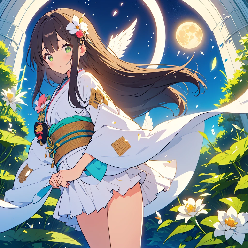 kawaii, anime, Cute, hyper quality, highly detailed, 8k, Clarity, dark brown long hair, green eyes, upward glance, Front facing, come close, A pure white full moon in the sky, moonlight, shining hair, Moist eyes, Draw facial expressions in detail, A Queen of the Night, Dutchmans pipe cactus, Hanafuda motif, flowers, birds, wind and moon, A flower with thin white petals that spread out in a radial pattern., moonlight, A flower with large white thin petals, The wind is blowing, White flower, The color of my sister's eyes is golden, intertwine, pure white long kimono,