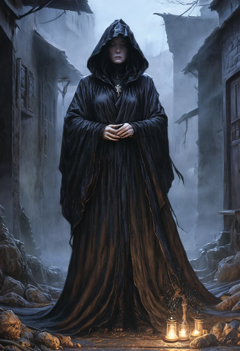 (by Greg Rutkowski: 1.2), (extremely detailed CG unity 8k wallpaper, masterpiece, best quality, ultra-detailed, depth of filed, HDR:1.2, high FXAA). a close up of a person with a long black robe on a street, digital art 4k unsettling, fantasy dark art, photorealistic dark concept art, surreal dark art, dark hooded wraith, an ominous fantasy illustration, dark art style, dark flowing robe, dark surreal art, dark fantasy horror art, dark fantasy art, dark but detailed digital art