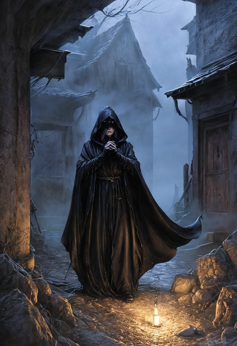 (by Greg Rutkowski: 1.2), (extremely detailed CG unity 8k wallpaper, masterpiece, best quality, ultra-detailed, depth of filed, HDR:1.2, high FXAA). a close up of a person with a long black robe on a street, digital art 4k unsettling, fantasy dark art, photorealistic dark concept art, surreal dark art, dark hooded wraith, an ominous fantasy illustration, dark art style, dark flowing robe, dark surreal art, dark fantasy horror art, dark fantasy art, dark but detailed digital art