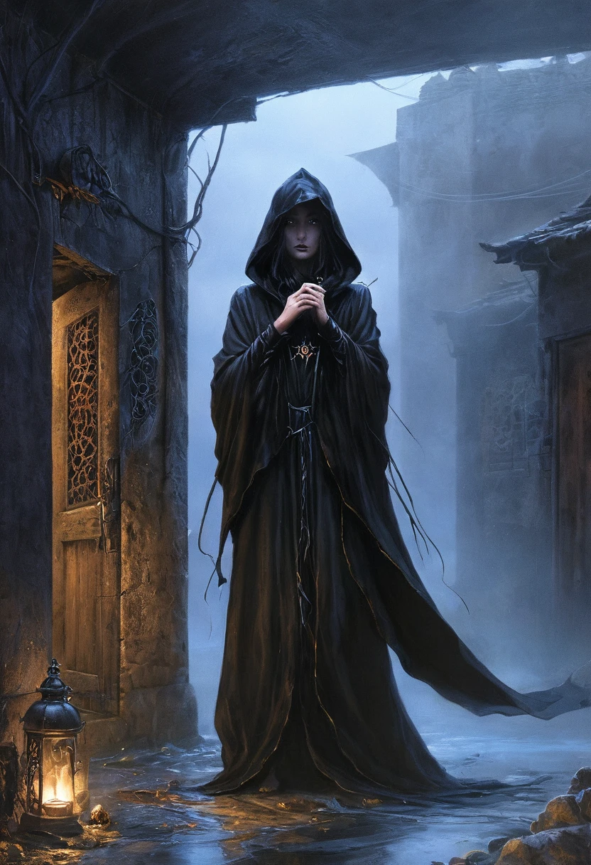 (by Greg Rutkowski: 1.2), (extremely detailed CG unity 8k wallpaper, masterpiece, best quality, ultra-detailed, depth of filed, HDR:1.2, high FXAA). a close up of a person with a long black robe on a street, digital art 4k unsettling, fantasy dark art, photorealistic dark concept art, surreal dark art, dark hooded wraith, an ominous fantasy illustration, dark art style, dark flowing robe, dark surreal art, dark fantasy horror art, dark fantasy art, dark but detailed digital art