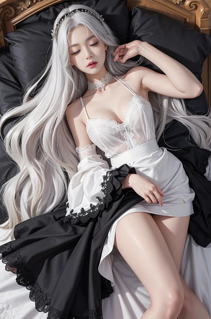 (Woman lying on bed)Photorealistic, High resolution, 1womanl, Solo, hips up high, view the viewer, (Detailed face), White hair, Long hair, (maid clothes), Jewelry、)(off shoulders)、((No skirt))、(up skirt)((Black lace panties visible))((Eyes closed))