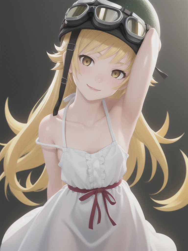 oshinoshinobu, oshinoshinobu, Helmet, goggles, Strap slip, goggles on head, 8k, masterpiece, Absurd, anime, Long Hair, bangs, blunt bangs, (Vermilion eyes:1.1), Blonde, smile, break looking at viewer, (Cowboy Shot:1.5), break (masterpiece:1.2), Highest quality, High resolution, unity 8k wallpaper, (figure:0.8), (Beautiful attention to detail:1.6), Highly detailed face, Perfect lighting, Highly detailed CG, (Perfect hands, Perfect Anatomy), (3D Face:1.1), (Shiny skin:1.5), (超High resolution intricate face details), (Facial skin pores:1.3), 超High resolution cloth texture, 大きなsmile、Blushing、Open your mouth, Showing off her perfect legs, Swayback stance:1.5, armpit:1.6, arms behind back, White dress