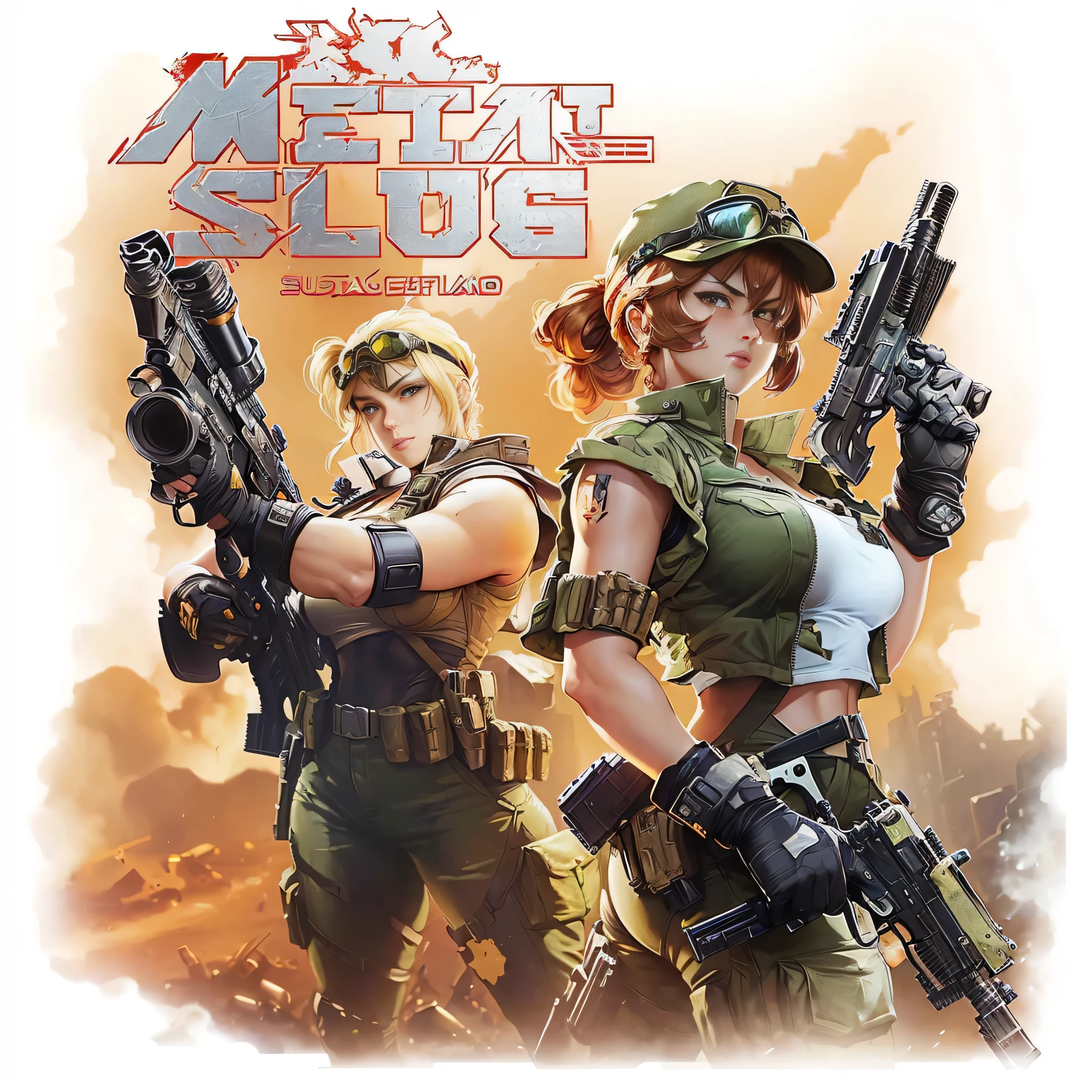 anime style picture of two female soldiers with guns and helmets, metal slug concept art, game poster, game promotional poster, front cover of a new video game, serious sam as smash characters, videogame poster, smug look, duke nukem art style, game cover, key art, fps game concept, fps game concept art, official poster artwork, game key art, Marcos, Fio, Metal Slug