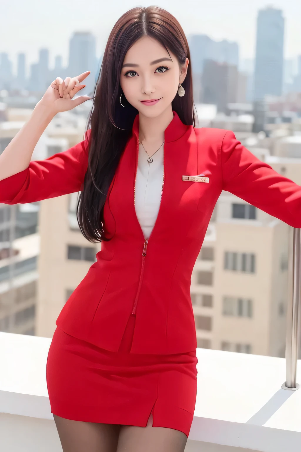(masterpiece:1.2, Highest quality:1.2), 32k HDR, High resolution, (alone, 1 Girl), (AirAsia stewardess uniform realistic style), A proper woman, Beautiful Face, Brown Hair, (Long hair down to the legs), (Red jacket:1.1, Unzipped jacket, Unbuttoned white shirt:1.05, Red mini skirt:1.1, pantyhose),(Showing big through cleavage in unbuttoned white shirt)、(long hair that reaches down to the legs)、Perfect slim body:1.1, Huge breasts, huge breasts cleavage, Detailed skin texture, Beautiful Eyes, (Attractive look:1.2), necklace、Earrings、(forward leaning posture:1.5), On the roof of a building, Rooftop at daytime,Blue eyes、Hands should be lowered