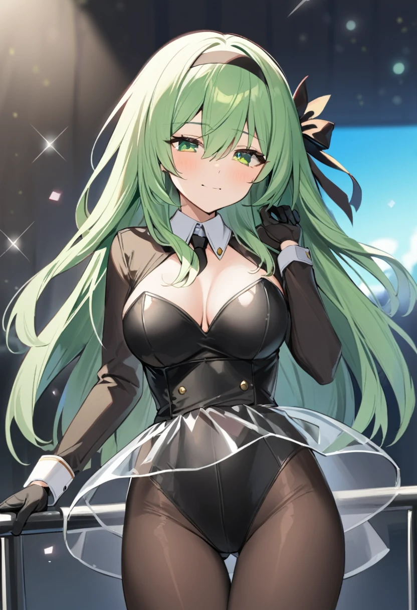 One Girl, alone, Long Hair, chest, View your audience, bangs, skirt, gloves, Long sleeve, ribbon, Hair between the eyes, Mouth closed, Green Eyes, hair ribbon, pantyhose, Cowboy Shot, hair band, , Green Hair, black gloves, see-through skirt, leotard, black leotard, brown pantyhose