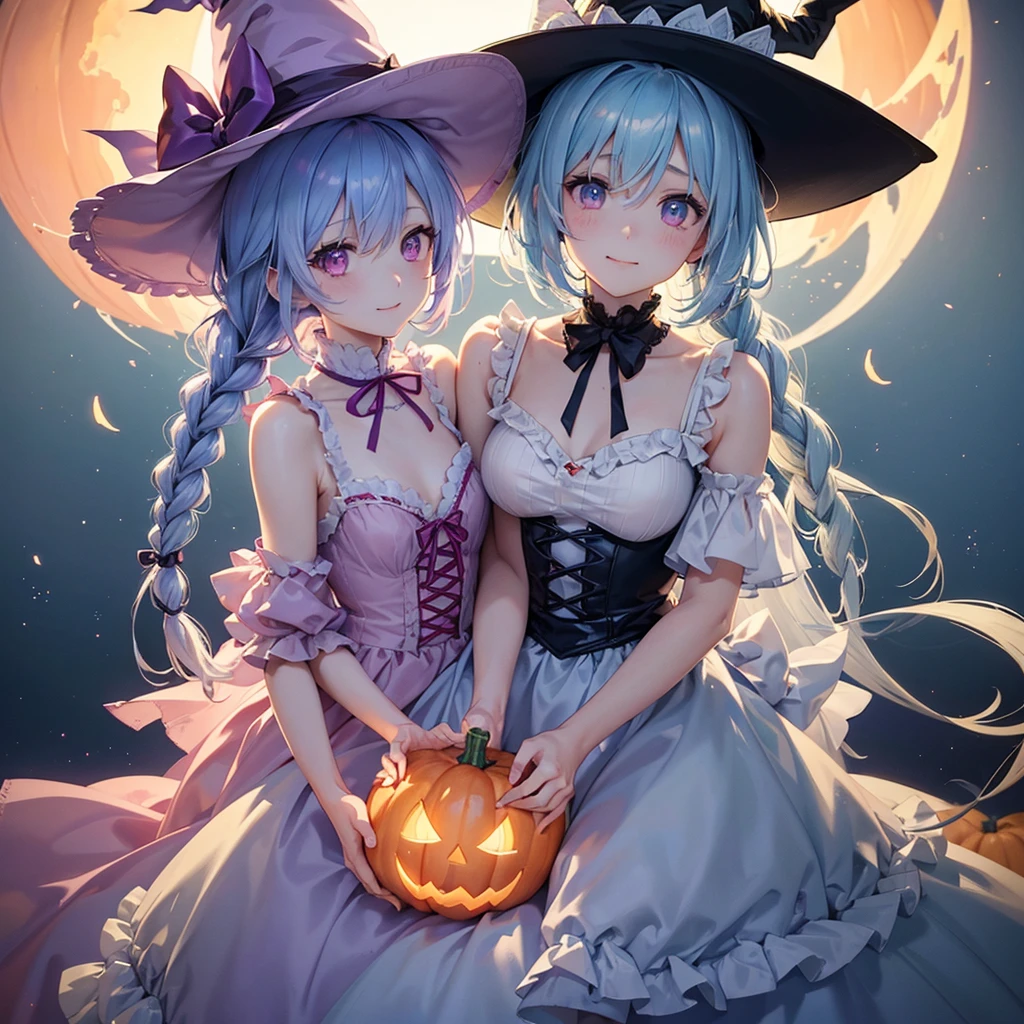 (Light blue medium hair),(Braided hair tied together)、Pink eyes、Fair skin、cowboy shot、Halloween、The background is a pumpkin ghost、Crescent Moon、Trick or Treat、A lot of sweets、witch、Halloween night、Candy、Cosplay、A surprising smile、solo、(masterpiece、Highest quality、Very detailed、Best Shadow)、(Detailed Background)、(Beautifully detailed face)、High contrast、(Best lighting、Very delicate and beautiful)、(Cinematic Light)、colorful、Hyper Detail、Dramatic Light、Exquisite detail、