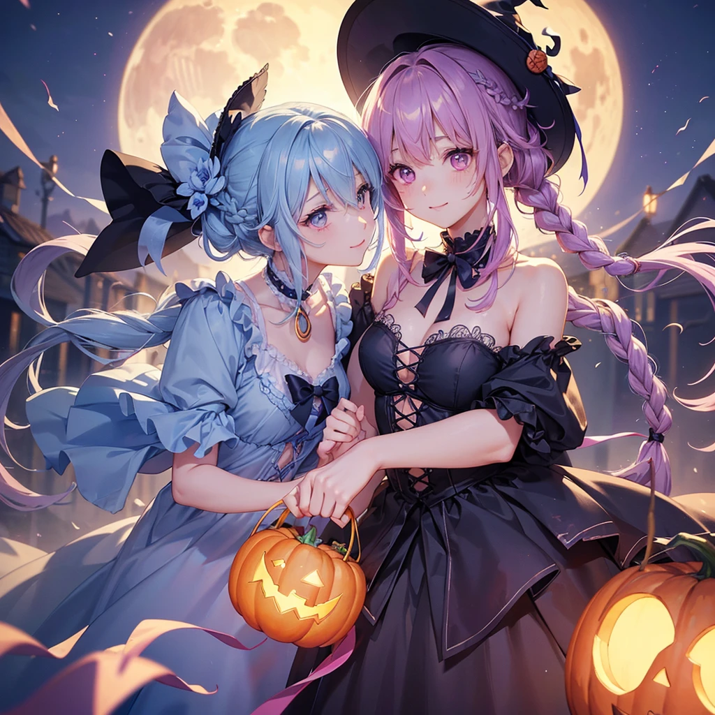 (Light blue medium hair),(Braided hair tied together)、Pink eyes、Fair skin、cowboy shot、Halloween、The background is a pumpkin ghost、Crescent Moon、Trick or Treat、A lot of sweets、witch、Halloween night、Candy、Cosplay、A surprising smile、solo、(masterpiece、Highest quality、Very detailed、Best Shadow)、(Detailed Background)、(Beautifully detailed face)、High contrast、(Best lighting、Very delicate and beautiful)、(Cinematic Light)、colorful、Hyper Detail、Dramatic Light、Exquisite detail、